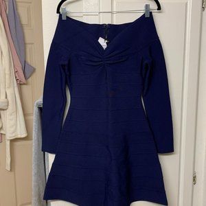Herve Leger Navy Blue Off-the-Shoulder Bandage Dress